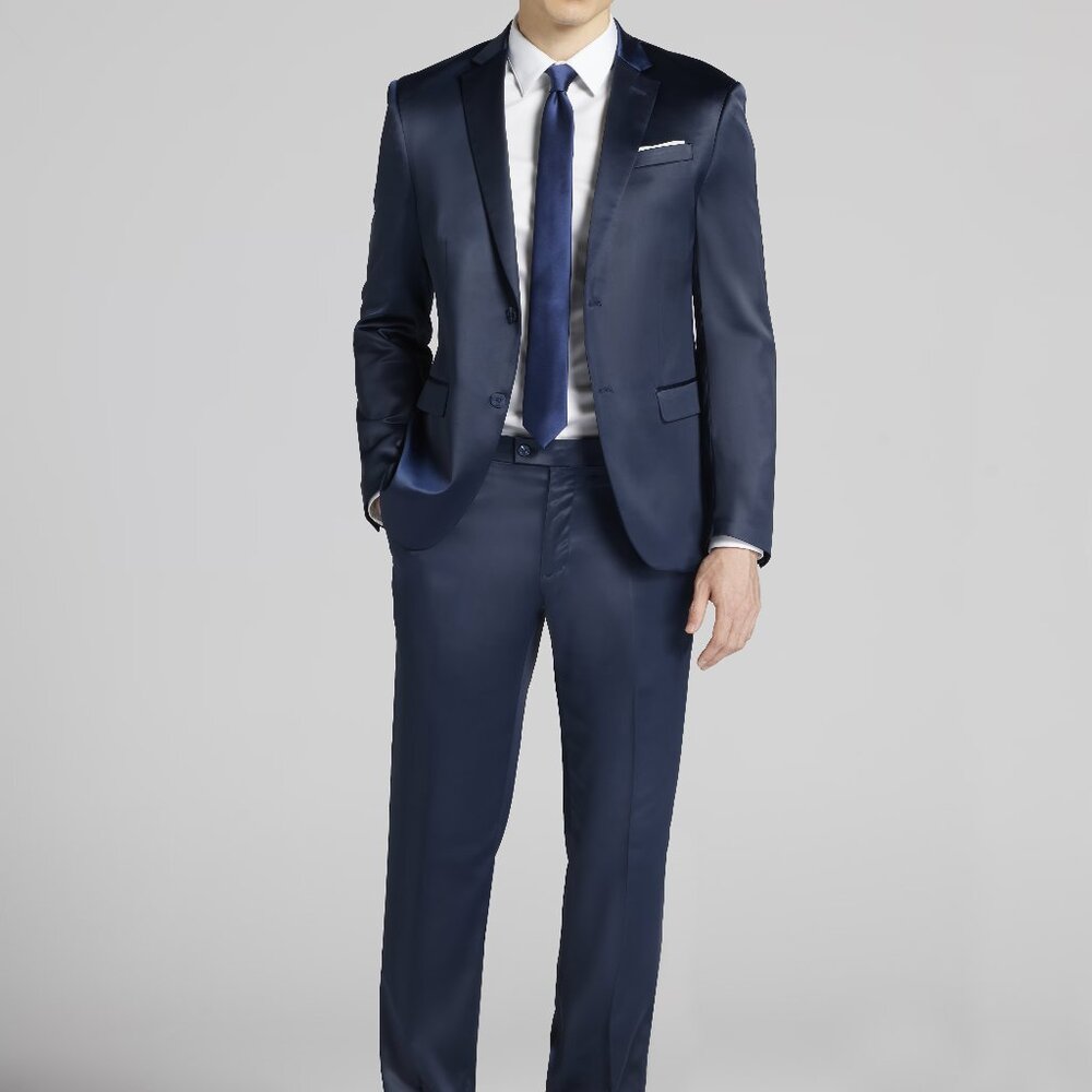 NEW Egara Skinny Fit Shiny NAVY FULL Suit JACKET AND PANTS 37R 32X32